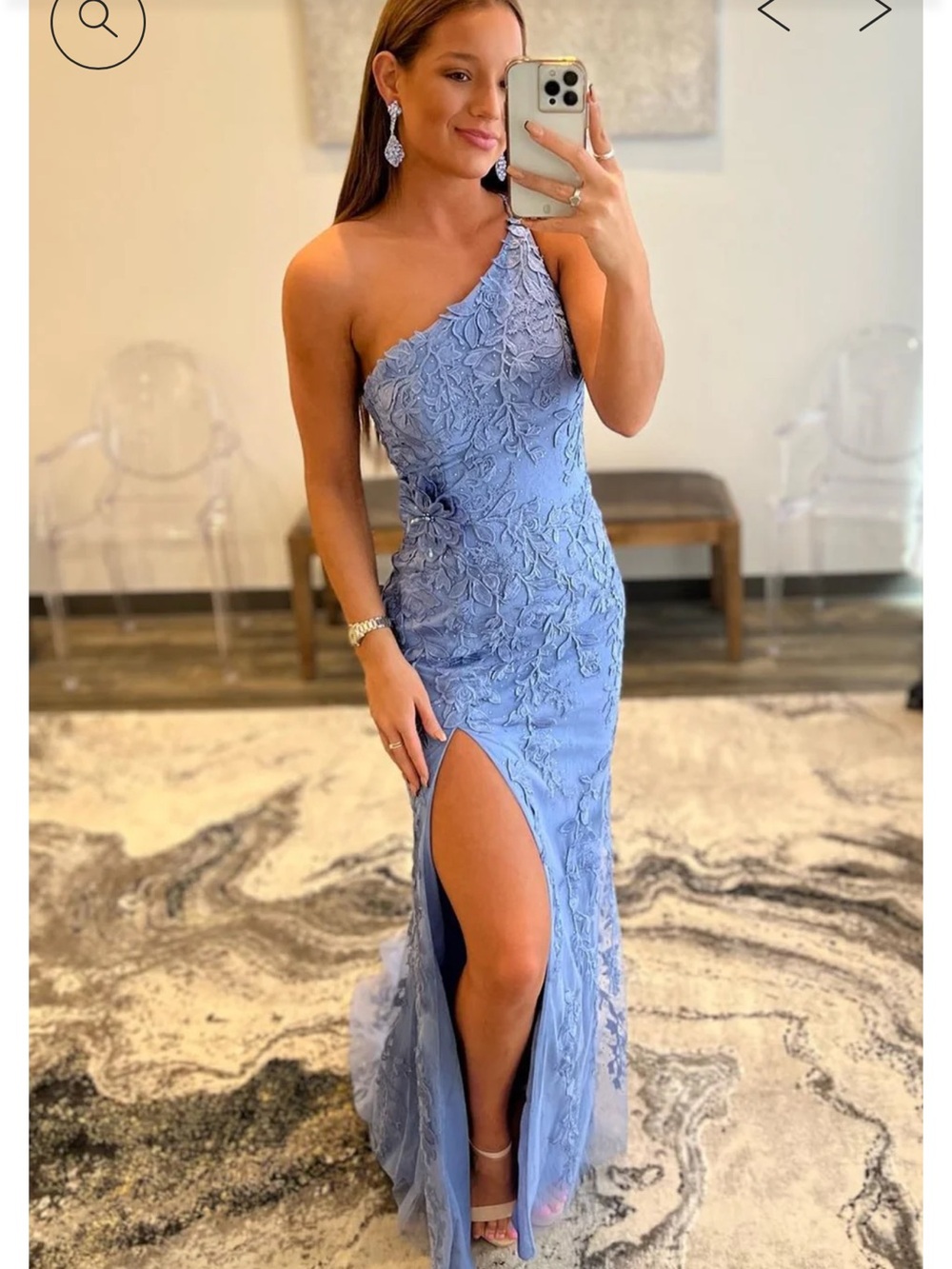 One-Shoulder Periwinkle Lace Evening Gown